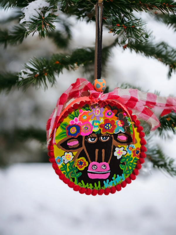 Hand Painted Christmas Ornament "Cow with Flower Headpiece" - Image 4