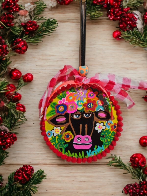 Hand Painted Christmas Ornament "Cow with Flower Headpiece" - Image 6