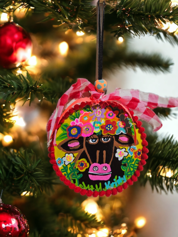Hand Painted Christmas Ornament "Cow with Flower Headpiece" - Image 3