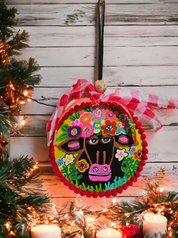 Hand Painted Christmas Ornament "Cow with Flower Headpiece" - Image 5