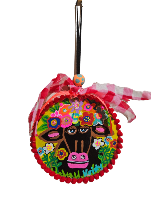 Hand Painted Christmas Ornament "Cow with Flower Headpiece" - Image 2